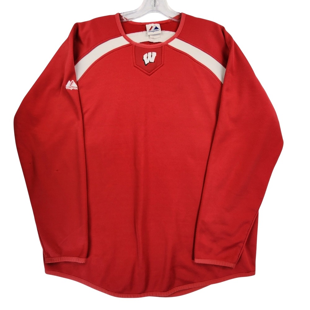 Majestic L-XL Red Wisconsin‎ Badgers NCAA Mesh Pullover Long Sleeve Sporty READ